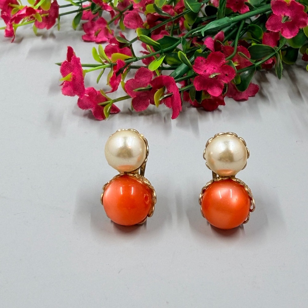 Elegant Pearl and Sunset Orange Vintage Clip On Earrings